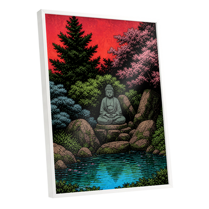 The Crimson Sanctuary, black, green, red nature wall art shown as a white framed poster wall art print
