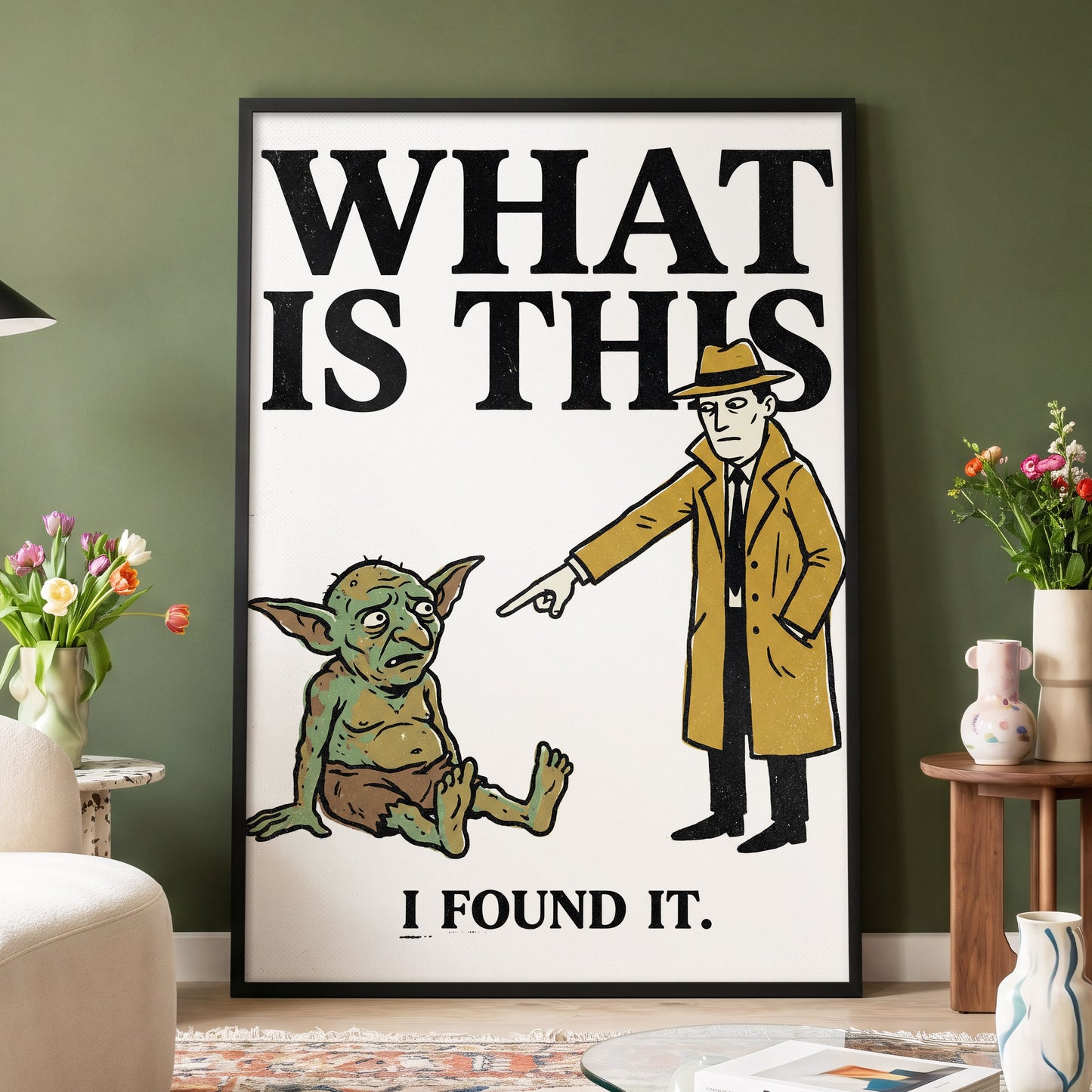 The Curious Discovery, black, white, green minimalist wall art displayed in a styled interior, gallery view 4