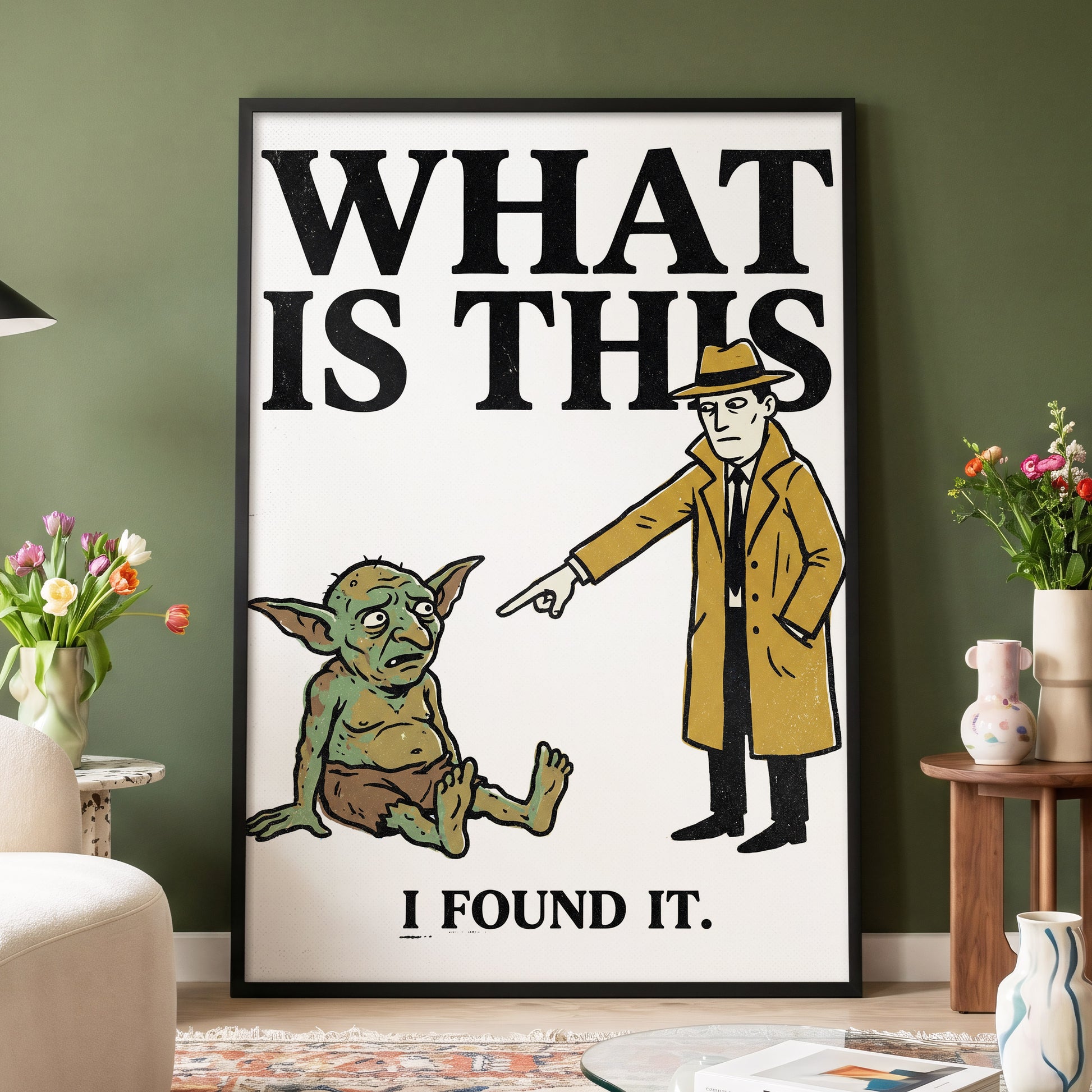 The Curious Discovery, black, white, green minimalist wall art displayed in a styled interior, gallery view 4