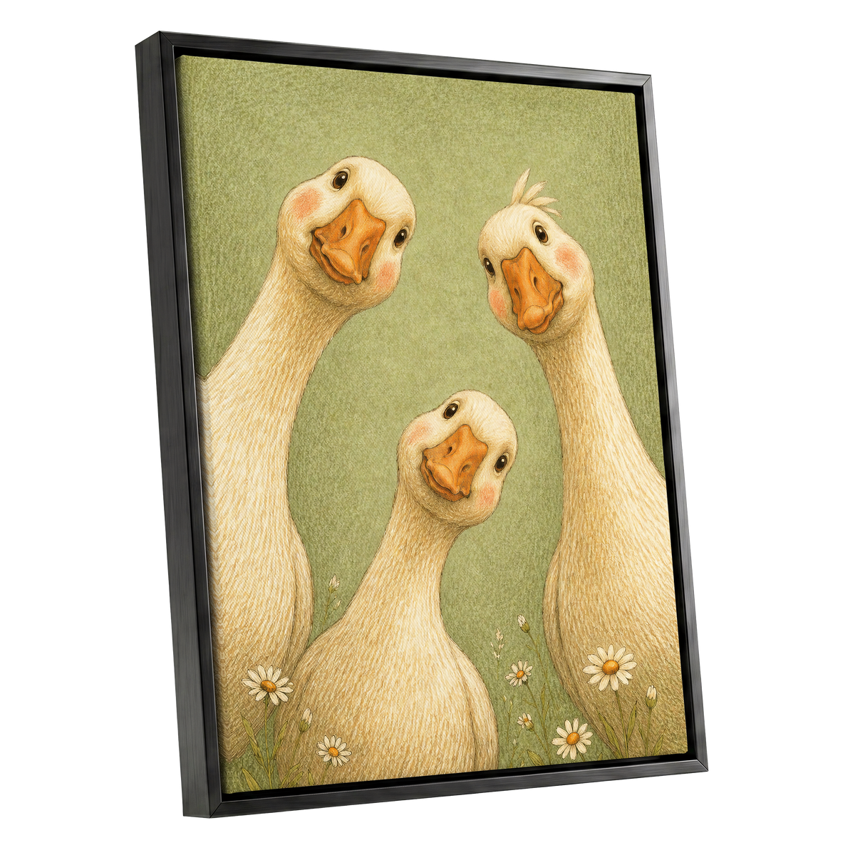 The Curious Goose Trio, green, beige, white nature wall art shown as a black framed canvas wall art