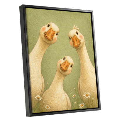 The Curious Goose Trio, green, beige, white nature wall art shown as a black framed canvas wall art