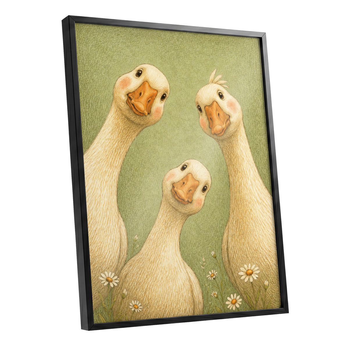 The Curious Goose Trio, green, beige, white nature wall art shown as a black framed poster wall art print