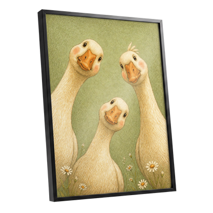 The Curious Goose Trio, green, beige, white nature wall art shown as a black framed poster wall art print
