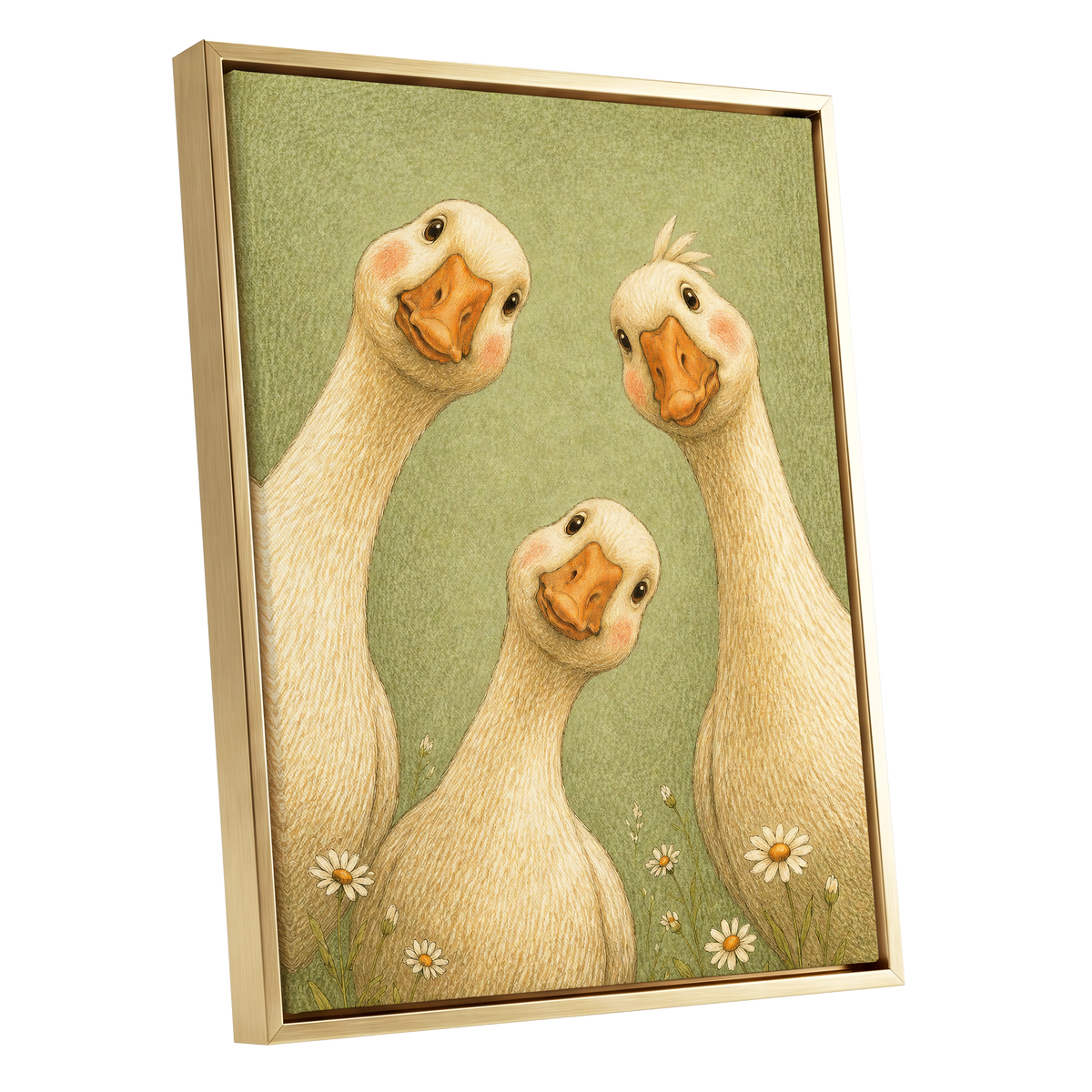 The Curious Goose Trio, green, beige, white nature wall art shown as a gold framed canvas wall art