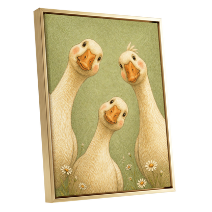 The Curious Goose Trio, green, beige, white nature wall art shown as a gold framed canvas wall art