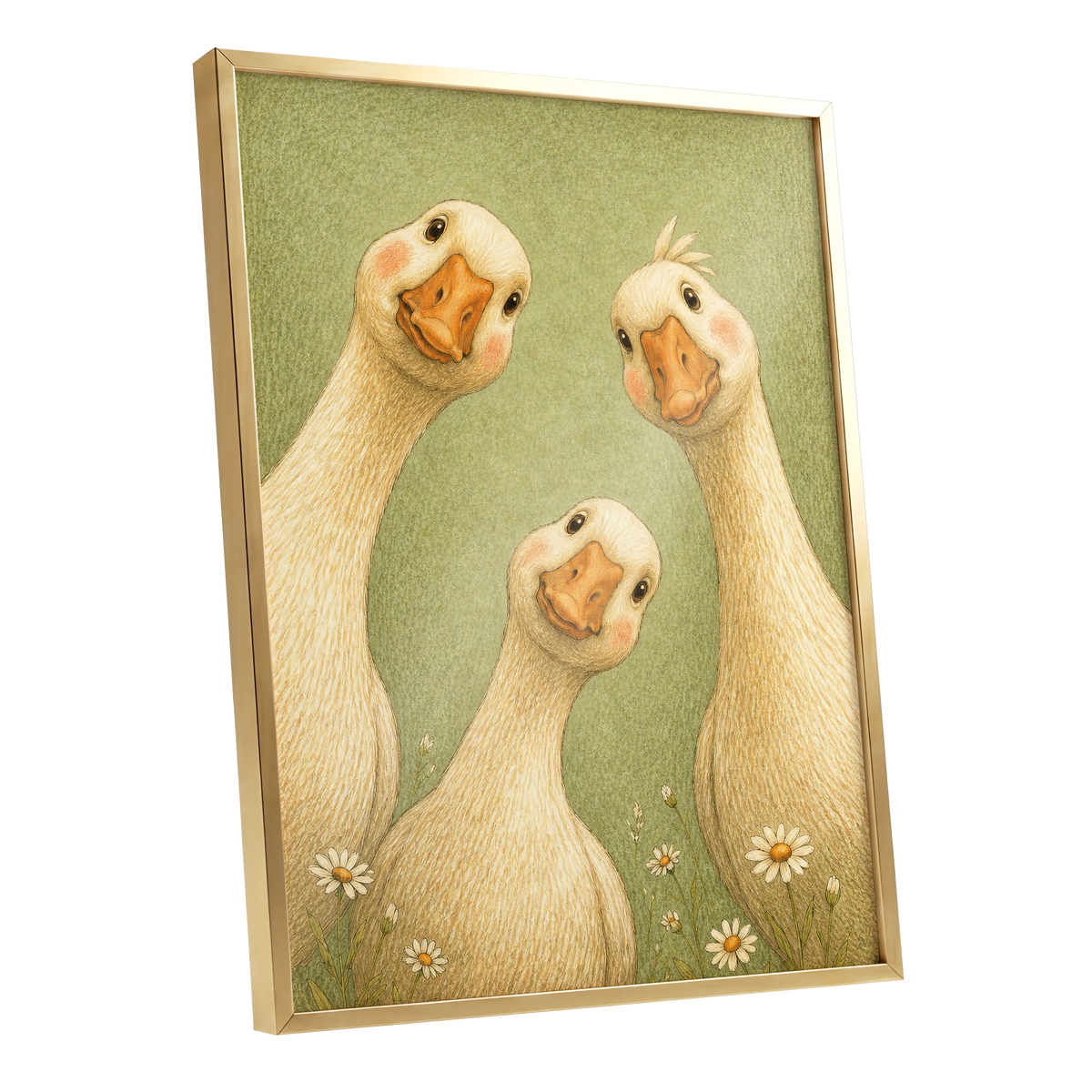 The Curious Goose Trio, green, beige, white nature wall art shown as a gold framed poster wall art print