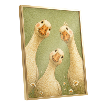 The Curious Goose Trio, green, beige, white nature wall art shown as a gold framed poster wall art print