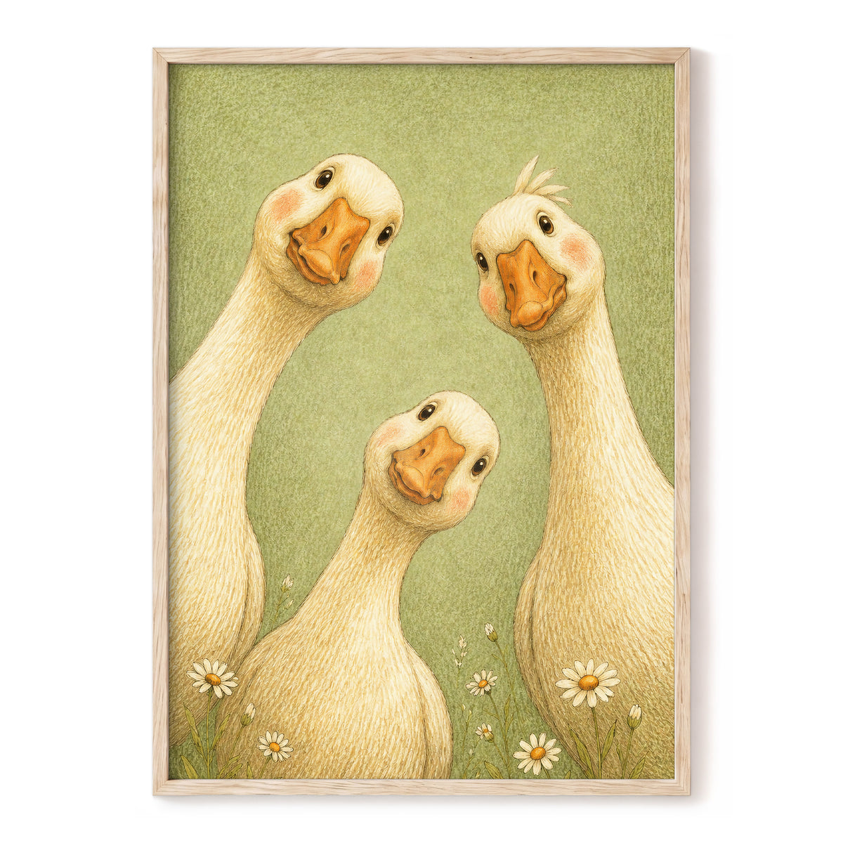 The Curious Goose Trio, green, beige, white nature wall art, front artwork view