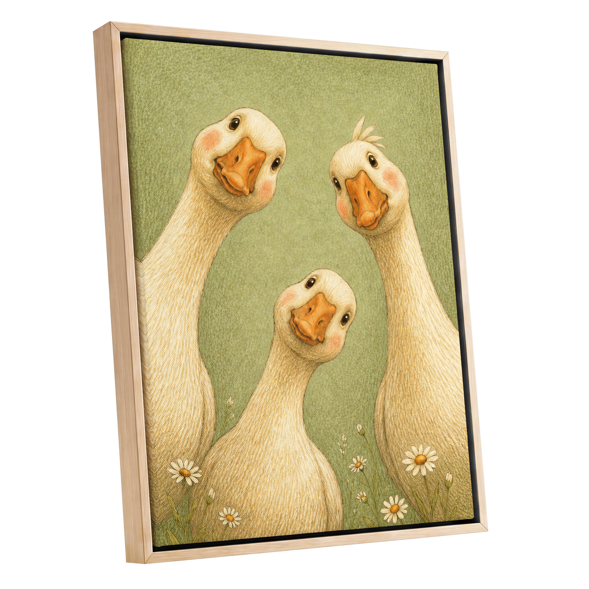The Curious Goose Trio, green, beige, white nature wall art shown as a oak framed canvas wall art