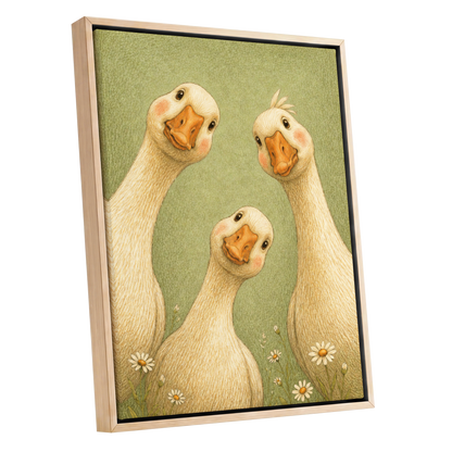 The Curious Goose Trio, green, beige, white nature wall art shown as a oak framed canvas wall art