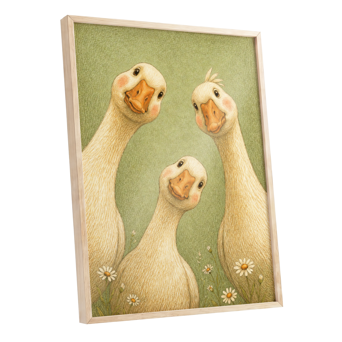 The Curious Goose Trio, green, beige, white nature wall art shown as a oak framed poster wall art print