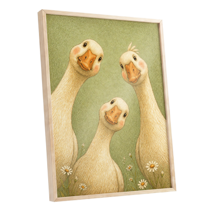 The Curious Goose Trio, green, beige, white nature wall art shown as a oak framed poster wall art print