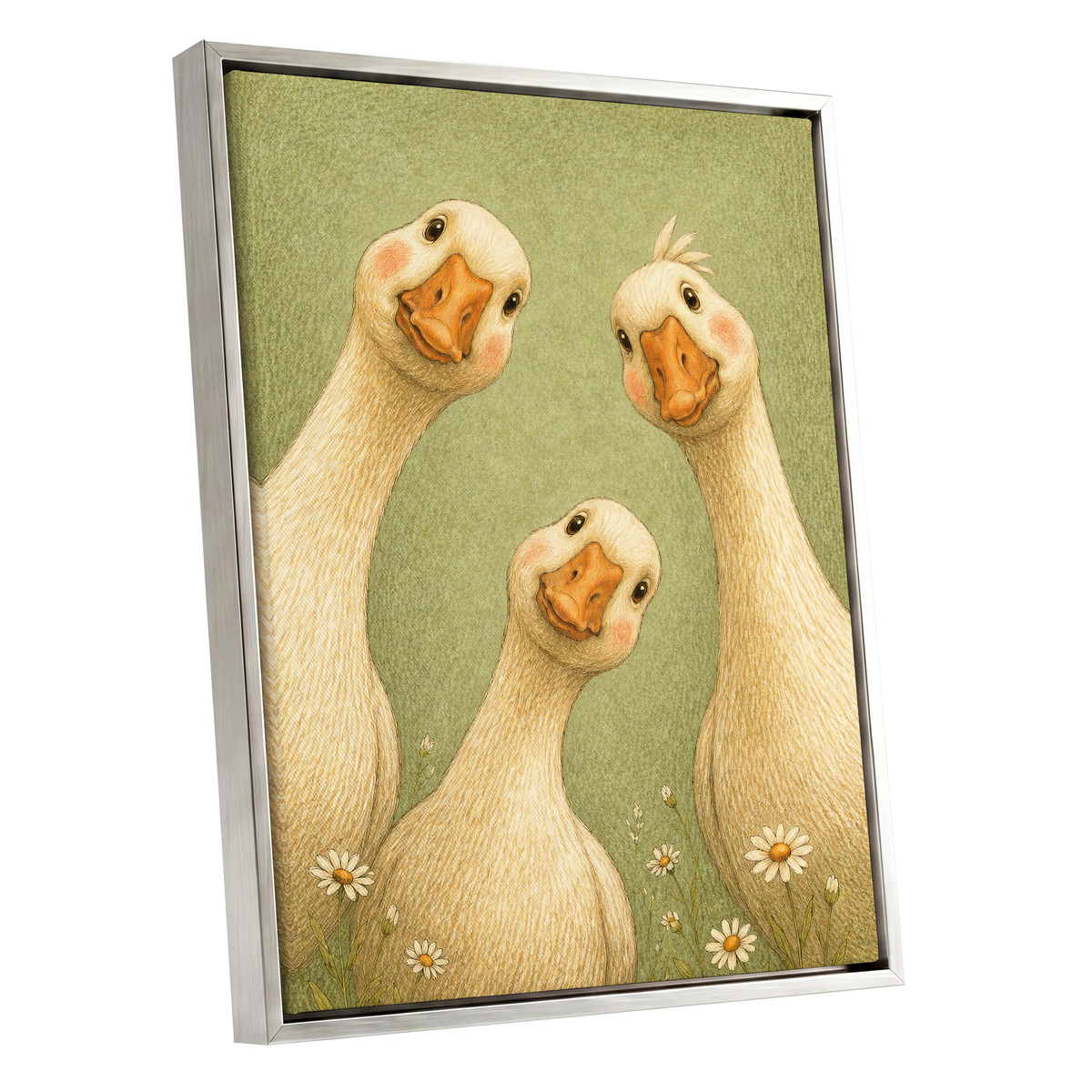 The Curious Goose Trio, green, beige, white nature wall art shown as a silver framed canvas wall art
