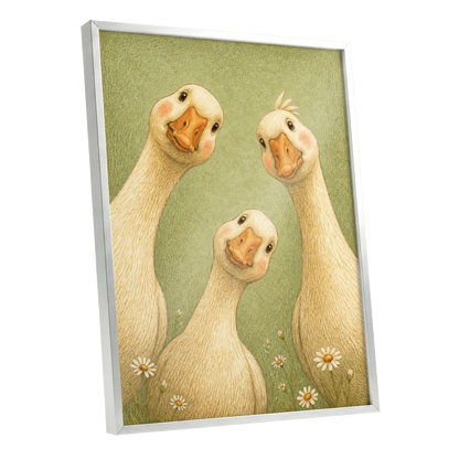 The Curious Goose Trio, green, beige, white nature wall art shown as a silver framed poster wall art print