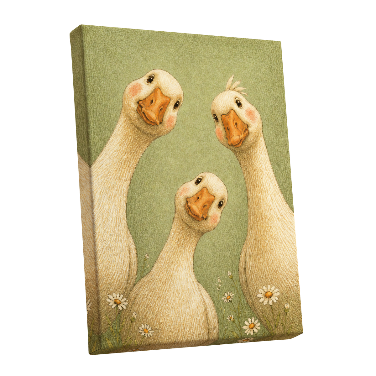 The Curious Goose Trio, green, beige, white nature wall art shown as a stretched canvas wall art