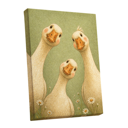 The Curious Goose Trio, green, beige, white nature wall art shown as a stretched canvas wall art