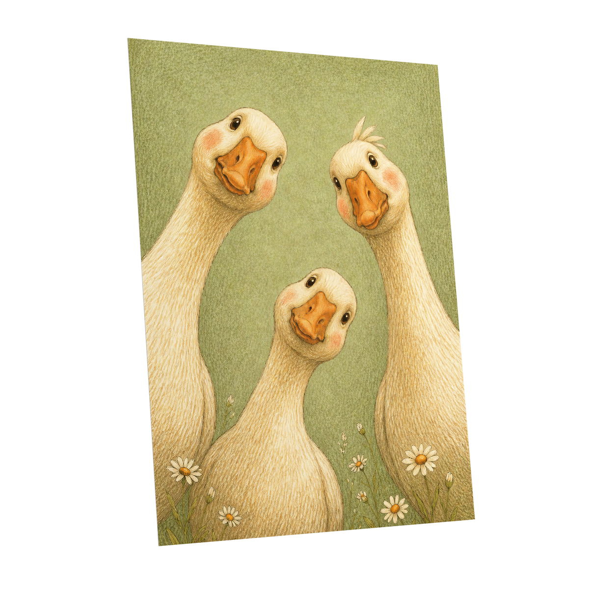 The Curious Goose Trio, green, beige, white nature wall art shown as a unframed poster wall art print