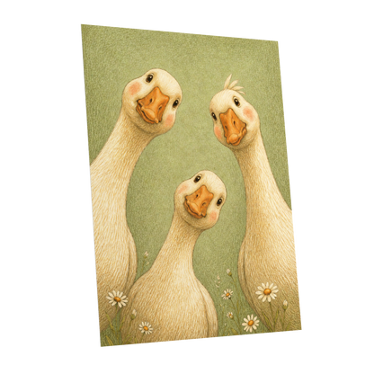 The Curious Goose Trio, green, beige, white nature wall art shown as a unframed poster wall art print