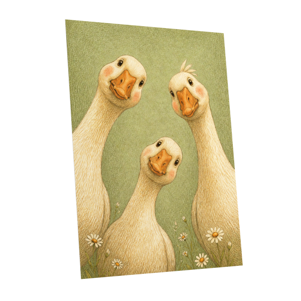 The Curious Goose Trio, green, beige, white nature wall art shown as a unframed poster wall art print