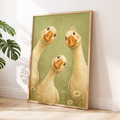 The Curious Goose Trio, green, beige, white nature wall art displayed in a styled interior, gallery view 2