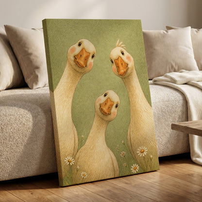 The Curious Goose Trio, green, beige, white nature wall art displayed in a styled interior, gallery view 3