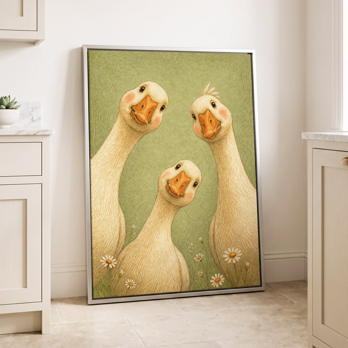 The Curious Goose Trio, green, beige, white nature wall art displayed in a styled interior, gallery view 4
