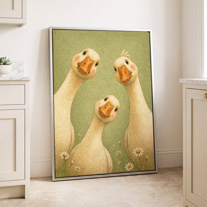 The Curious Goose Trio, green, beige, white nature wall art displayed in a styled interior, gallery view 4
