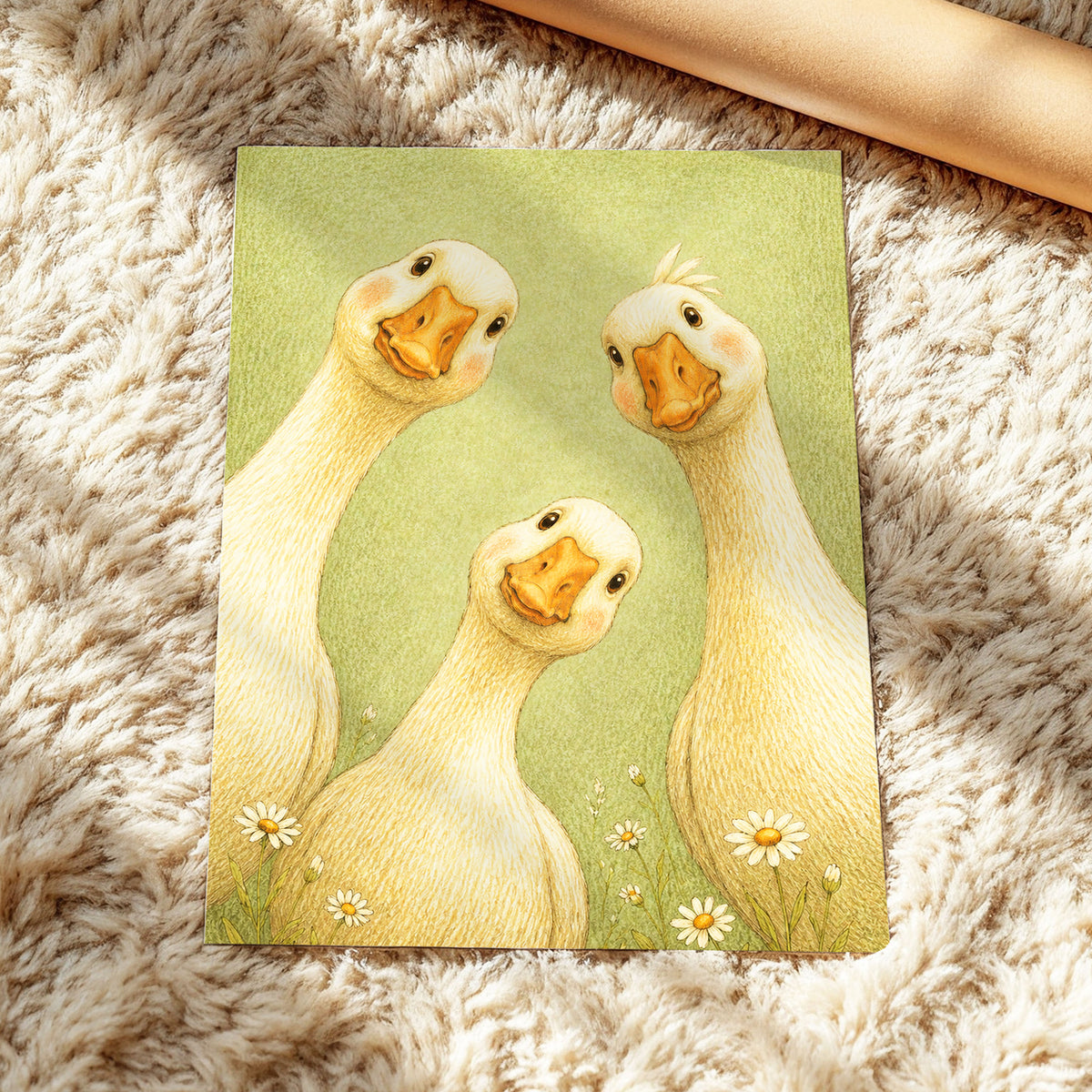 The Curious Goose Trio, green, beige, white nature wall art displayed in a styled interior, gallery view 5