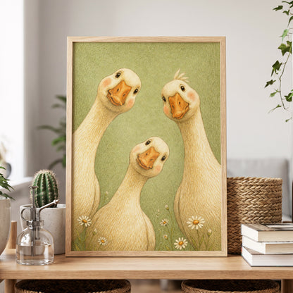 The Curious Goose Trio, green, beige, white nature wall art displayed in a styled interior, gallery view 6