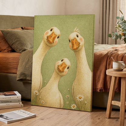 The Curious Goose Trio, green, beige, white nature wall art displayed in a styled interior, gallery view 7