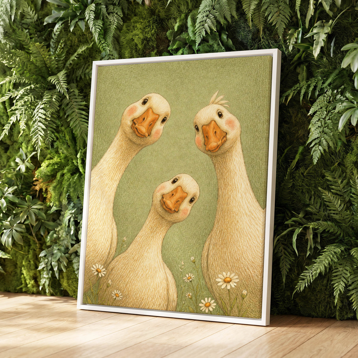 The Curious Goose Trio, green, beige, white nature wall art displayed in a styled interior, gallery view 8