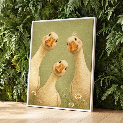 The Curious Goose Trio, green, beige, white nature wall art displayed in a styled interior, gallery view 8