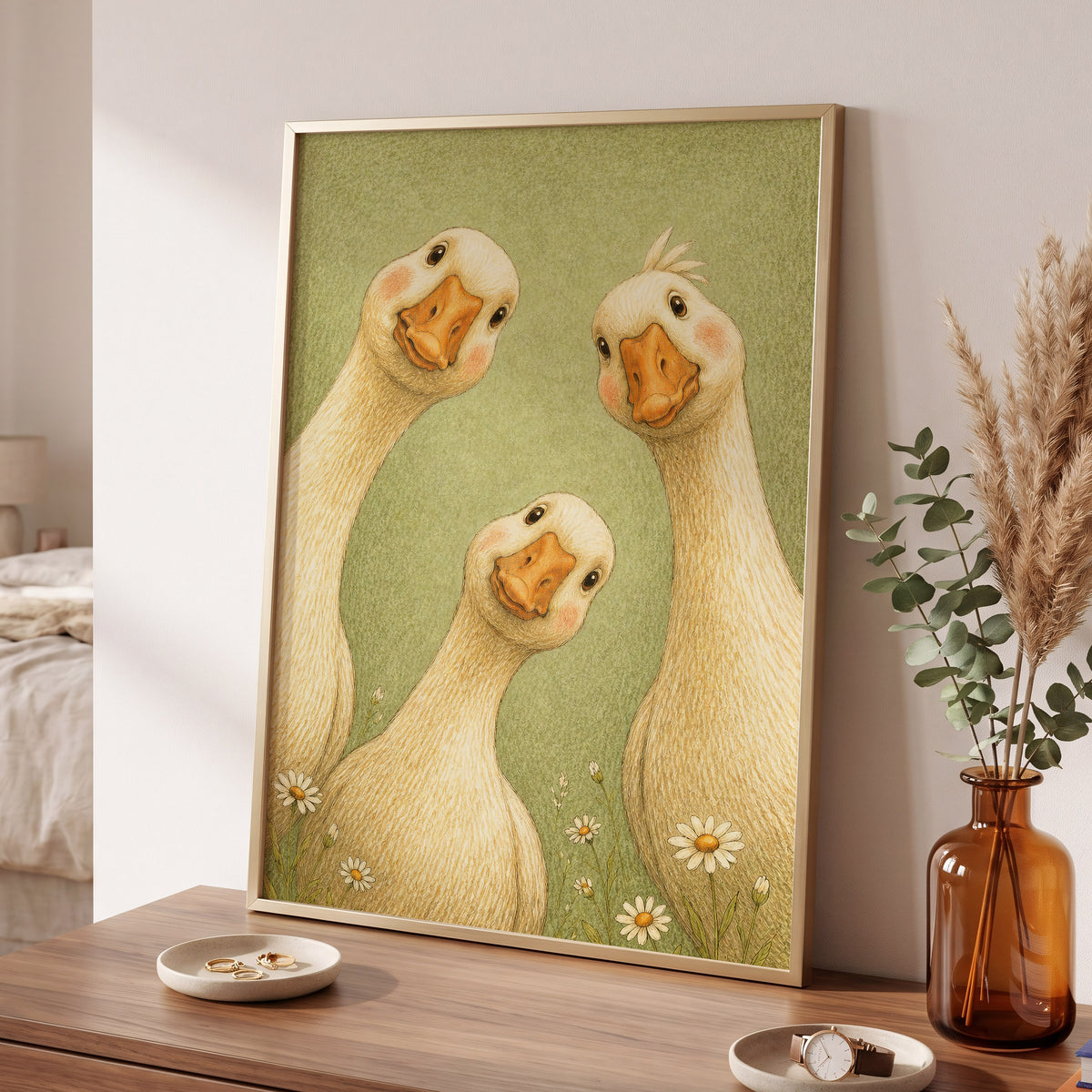The Curious Goose Trio, green, beige, white nature wall art displayed in a styled interior, gallery view 9