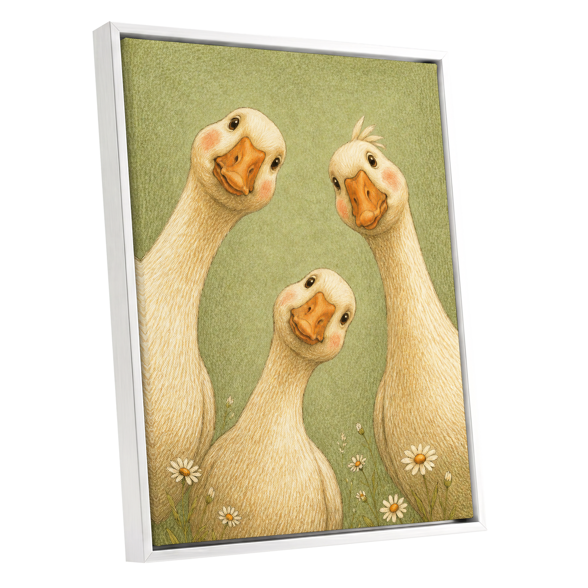 The Curious Goose Trio, green, beige, white nature wall art shown as a white framed canvas wall art