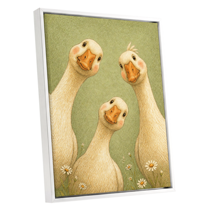 The Curious Goose Trio, green, beige, white nature wall art shown as a white framed canvas wall art