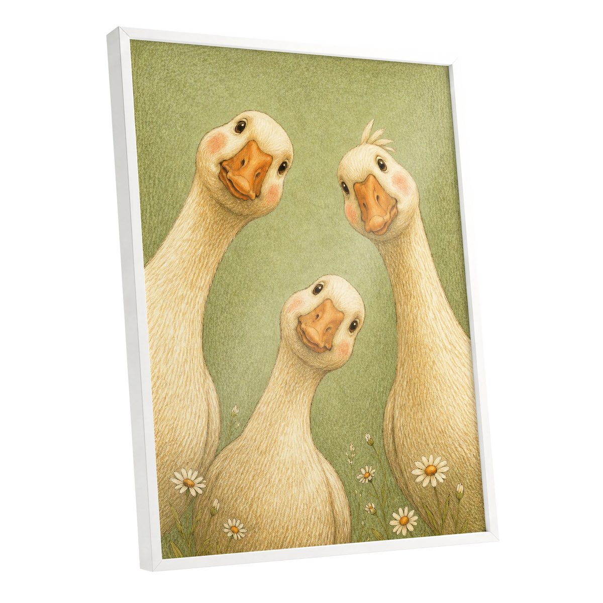 The Curious Goose Trio, green, beige, white nature wall art shown as a white framed poster wall art print