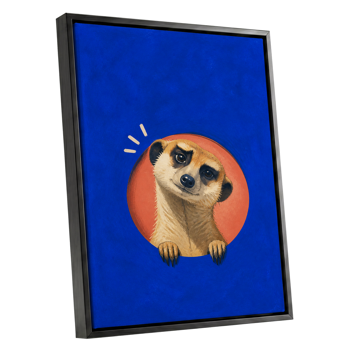 The Curious Lookout, blue, orange, beige nature wall art shown as a black framed canvas wall art