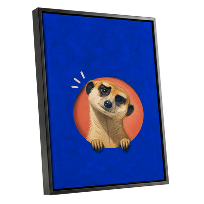 The Curious Lookout, blue, orange, beige nature wall art shown as a black framed canvas wall art