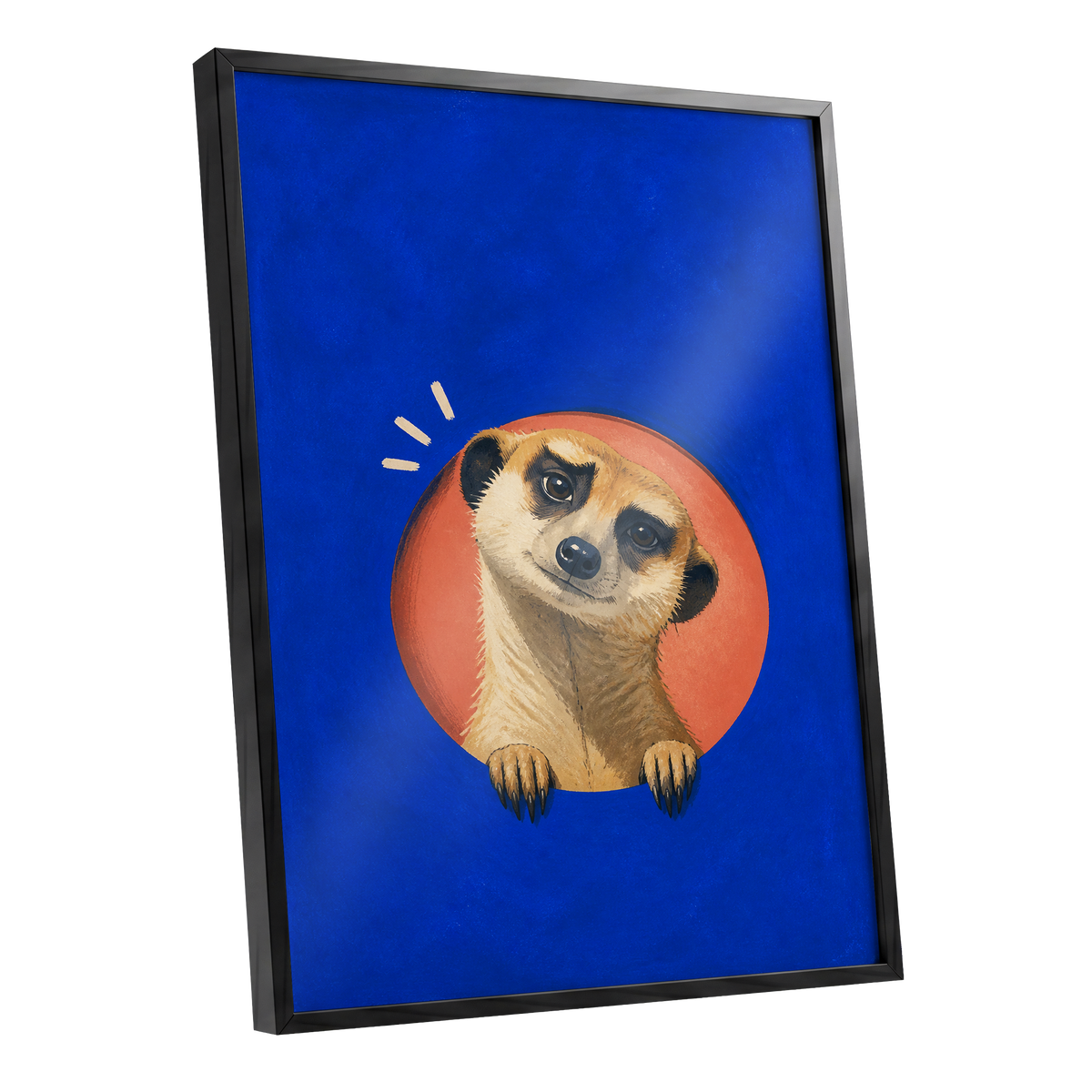 The Curious Lookout, blue, orange, beige nature wall art shown as a black framed poster wall art print