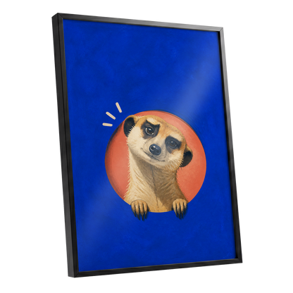 The Curious Lookout, blue, orange, beige nature wall art shown as a black framed poster wall art print