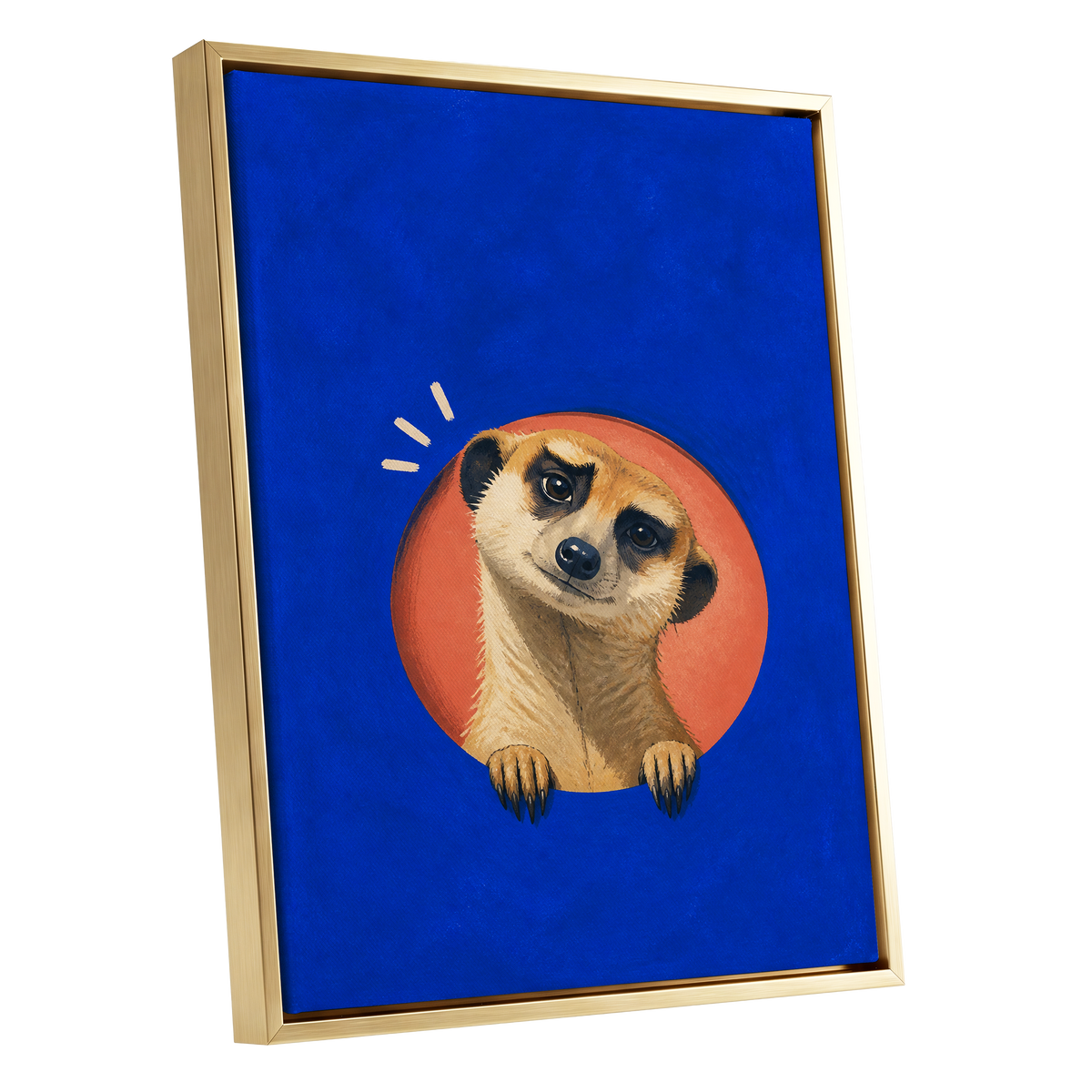 The Curious Lookout, blue, orange, beige nature wall art shown as a gold framed canvas wall art