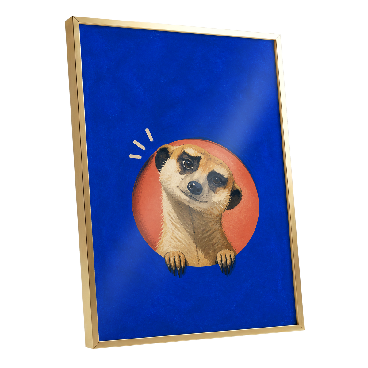 The Curious Lookout, blue, orange, beige nature wall art shown as a gold framed poster wall art print