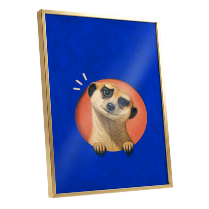 The Curious Lookout, blue, orange, beige nature wall art shown as a gold framed poster wall art print