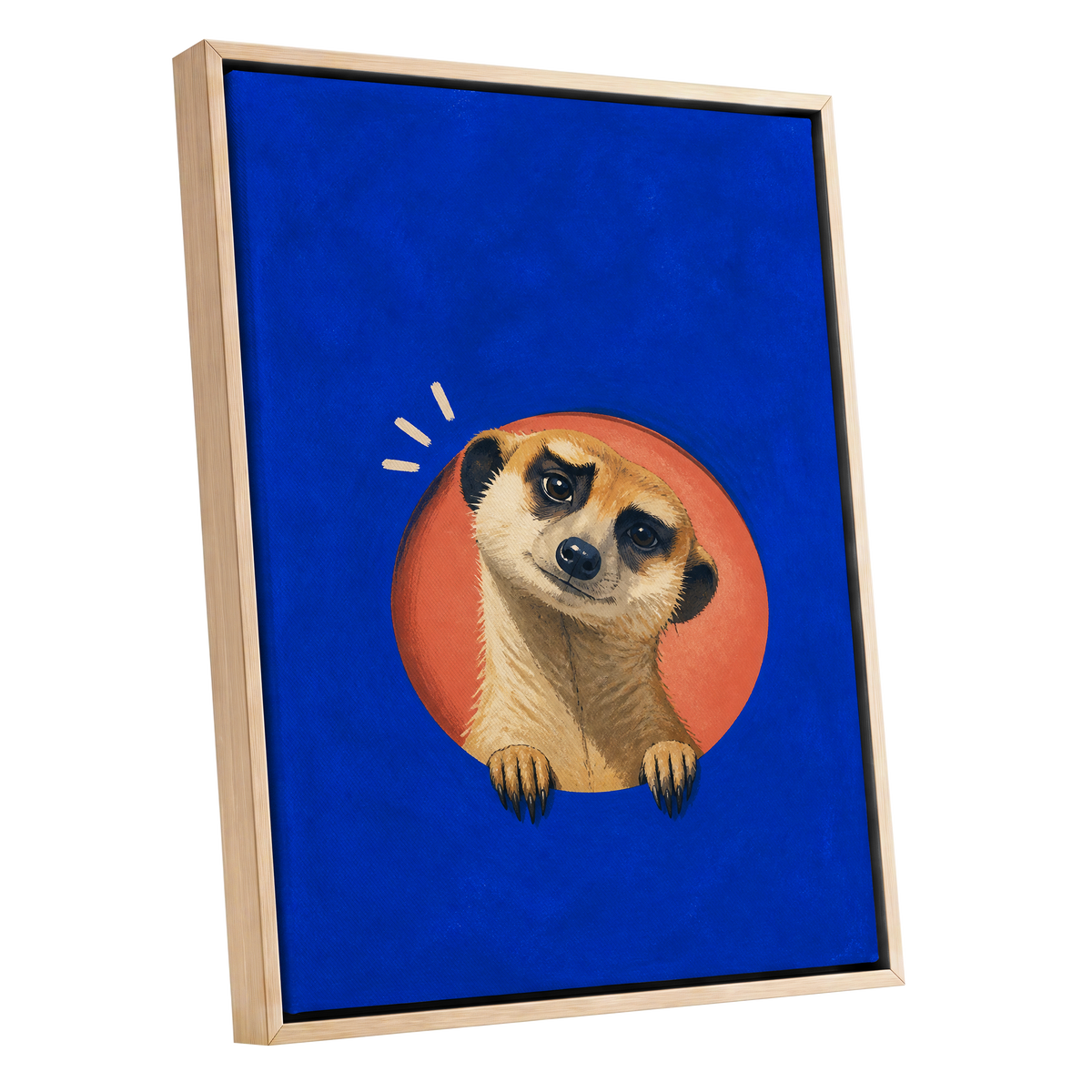 The Curious Lookout, blue, orange, beige nature wall art shown as a oak framed canvas wall art