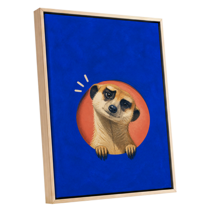 The Curious Lookout, blue, orange, beige nature wall art shown as a oak framed canvas wall art