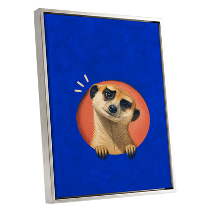 The Curious Lookout, blue, orange, beige nature wall art shown as a silver framed canvas wall art