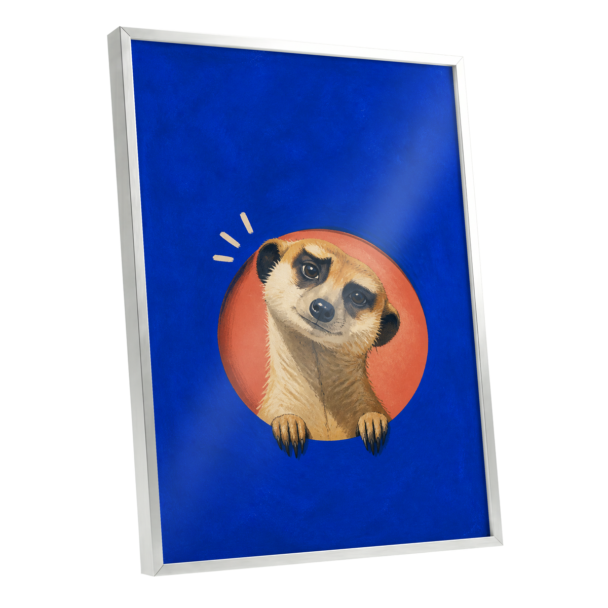 The Curious Lookout, blue, orange, beige nature wall art shown as a silver framed poster wall art print