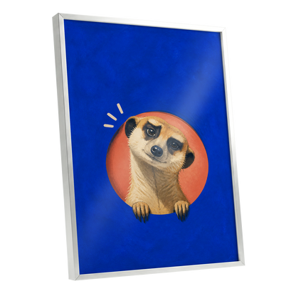 The Curious Lookout, blue, orange, beige nature wall art shown as a silver framed poster wall art print