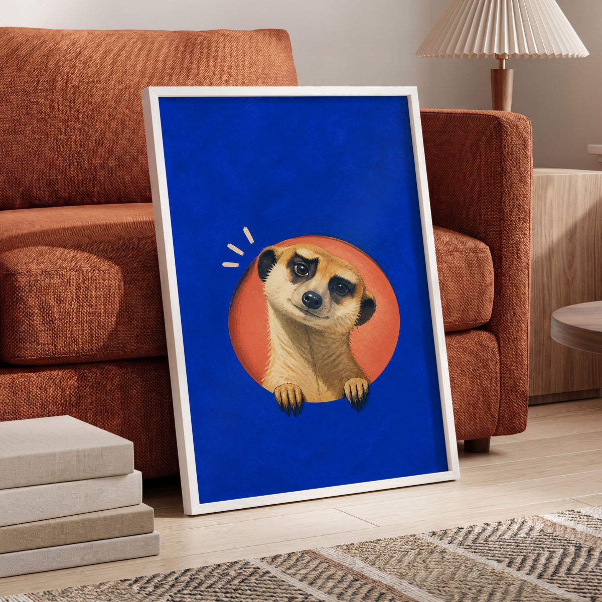 The Curious Lookout, blue, orange, beige nature wall art displayed in a styled interior, gallery view 2