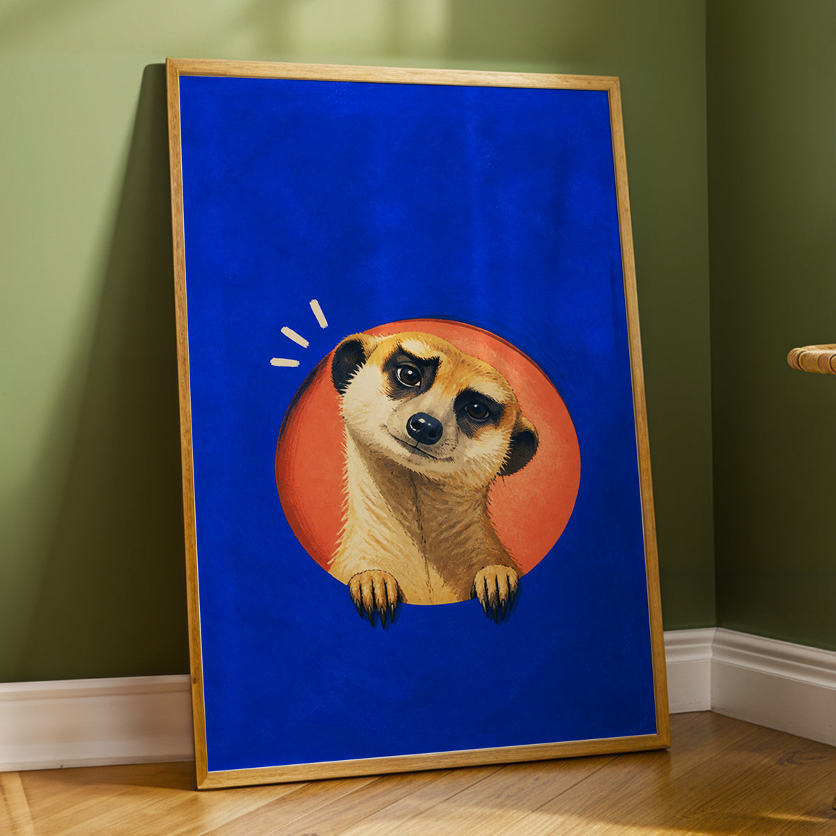 The Curious Lookout, blue, orange, beige nature wall art displayed in a styled interior, gallery view 6